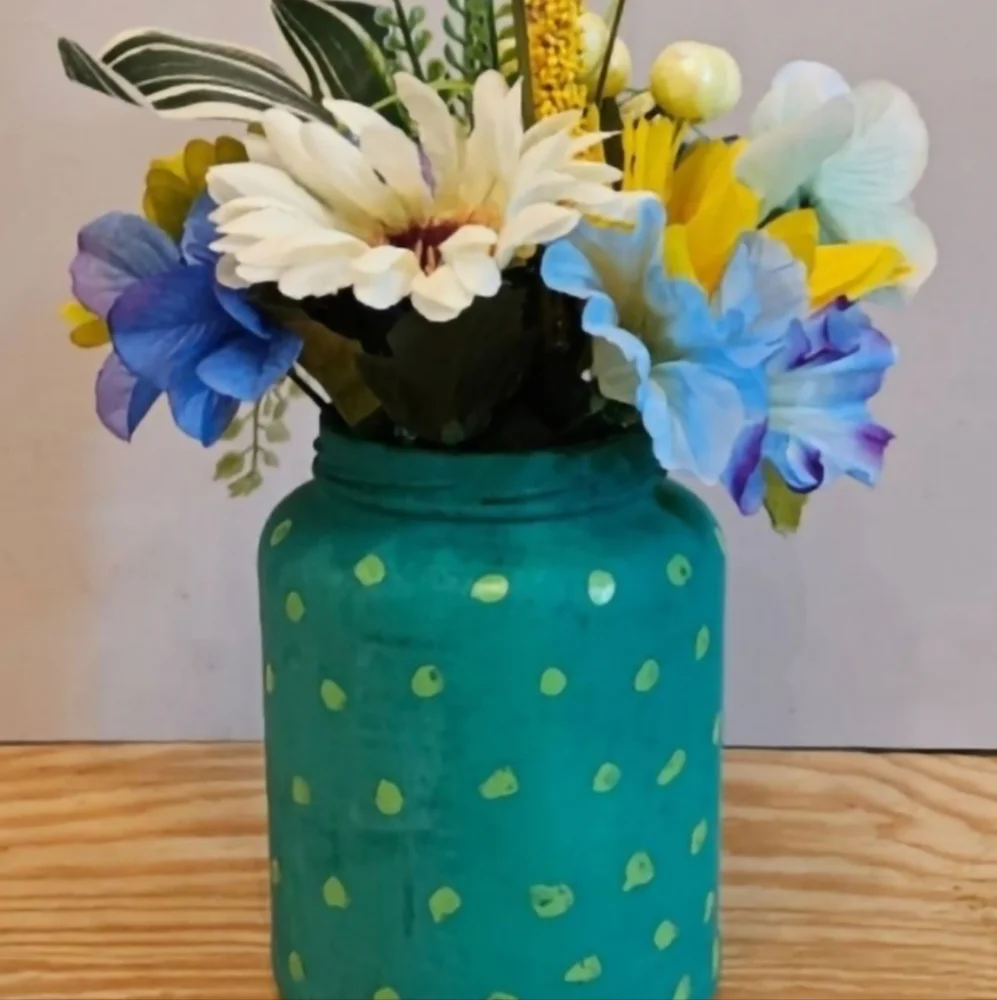 Mystery of One, One Of A Kind Silk Floral Arrangement in a Handpainted Glass Jar